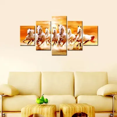 Beautiful 7 Horse Running Wooden Framed 5 Pieces Canvas Wall Painting
