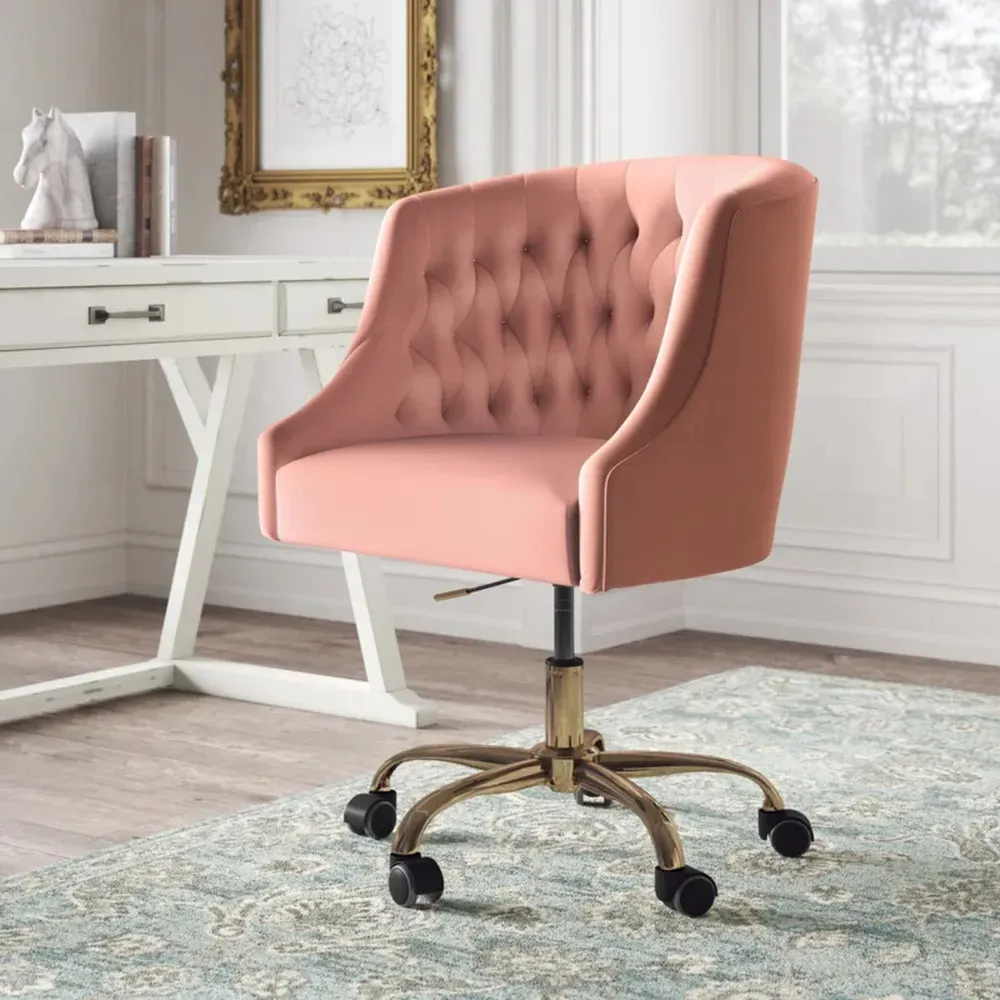 Comfort Back Tufted Pink PU Foam Armchair With Golden Base Single Piece