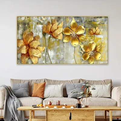 Golden Flowers Big Panoramic Canvas Wall Painting