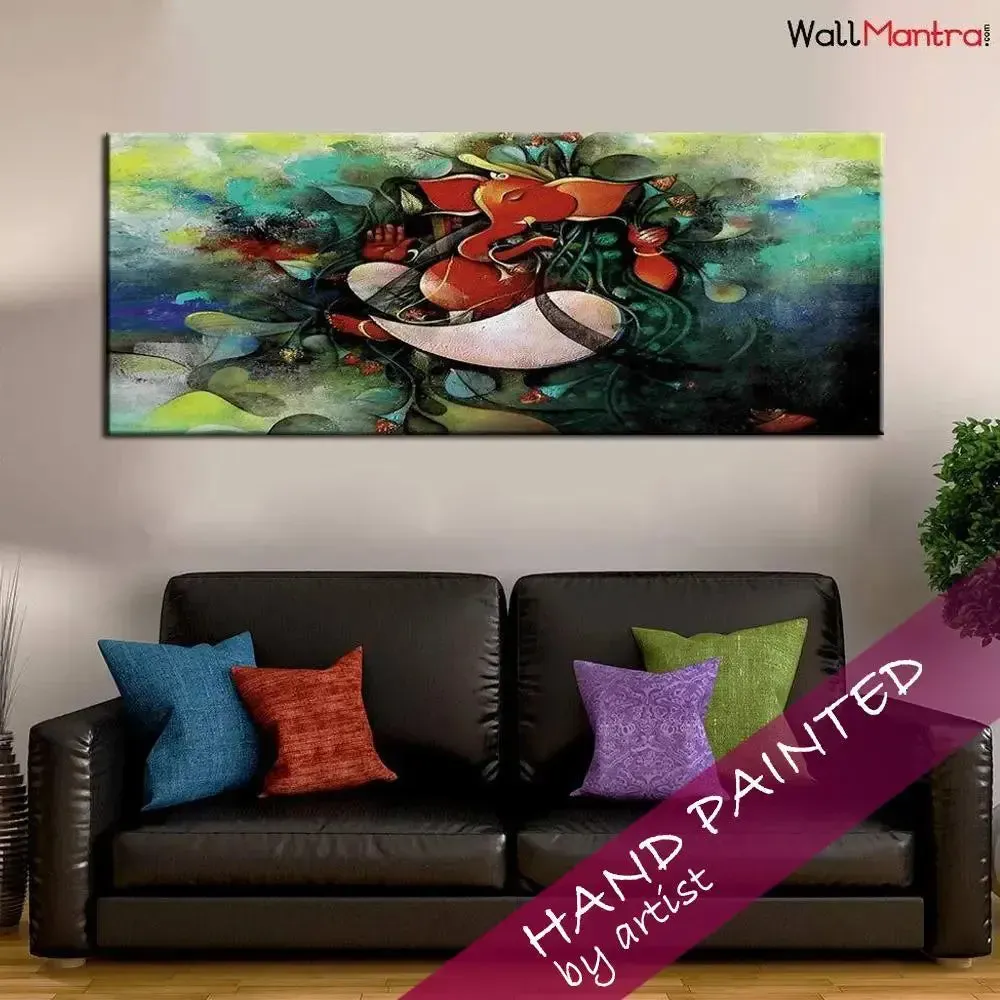 Hand Painted Ganesha Indian Devotional Canvas Painting