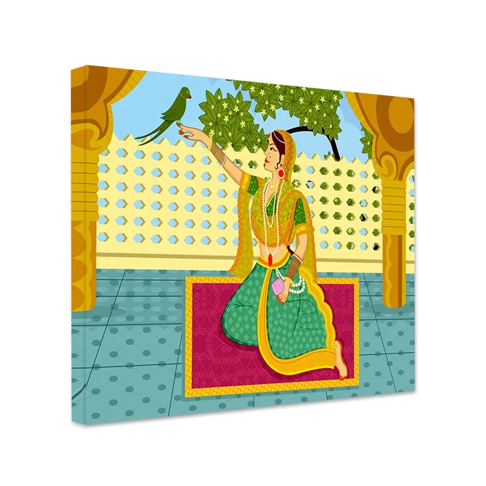 wallmantra-queen-with-parrot-beautiful-madhubani-painting-canvas-print-stretched-on-wood-bars-61-x-41cm-with-floating-frame-A751.jpg