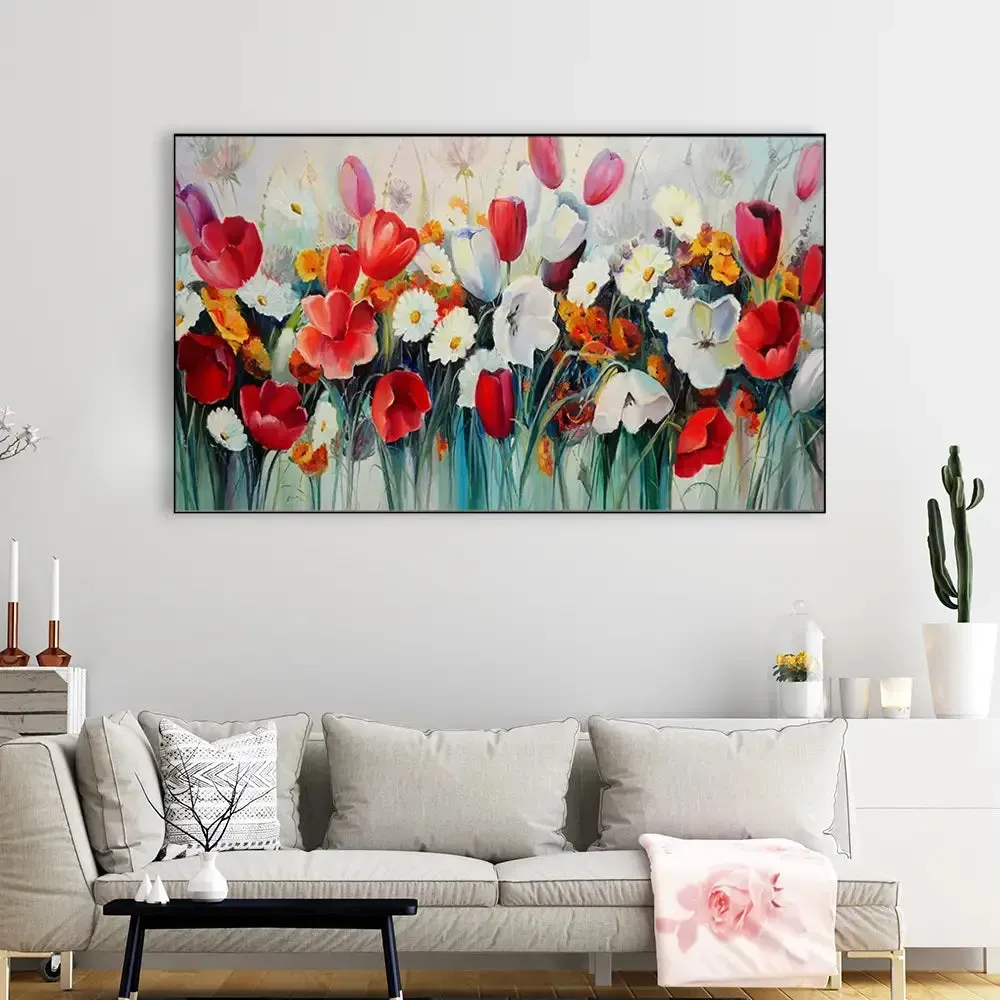 Red and White Tulips Flower Canvas Wall Painting